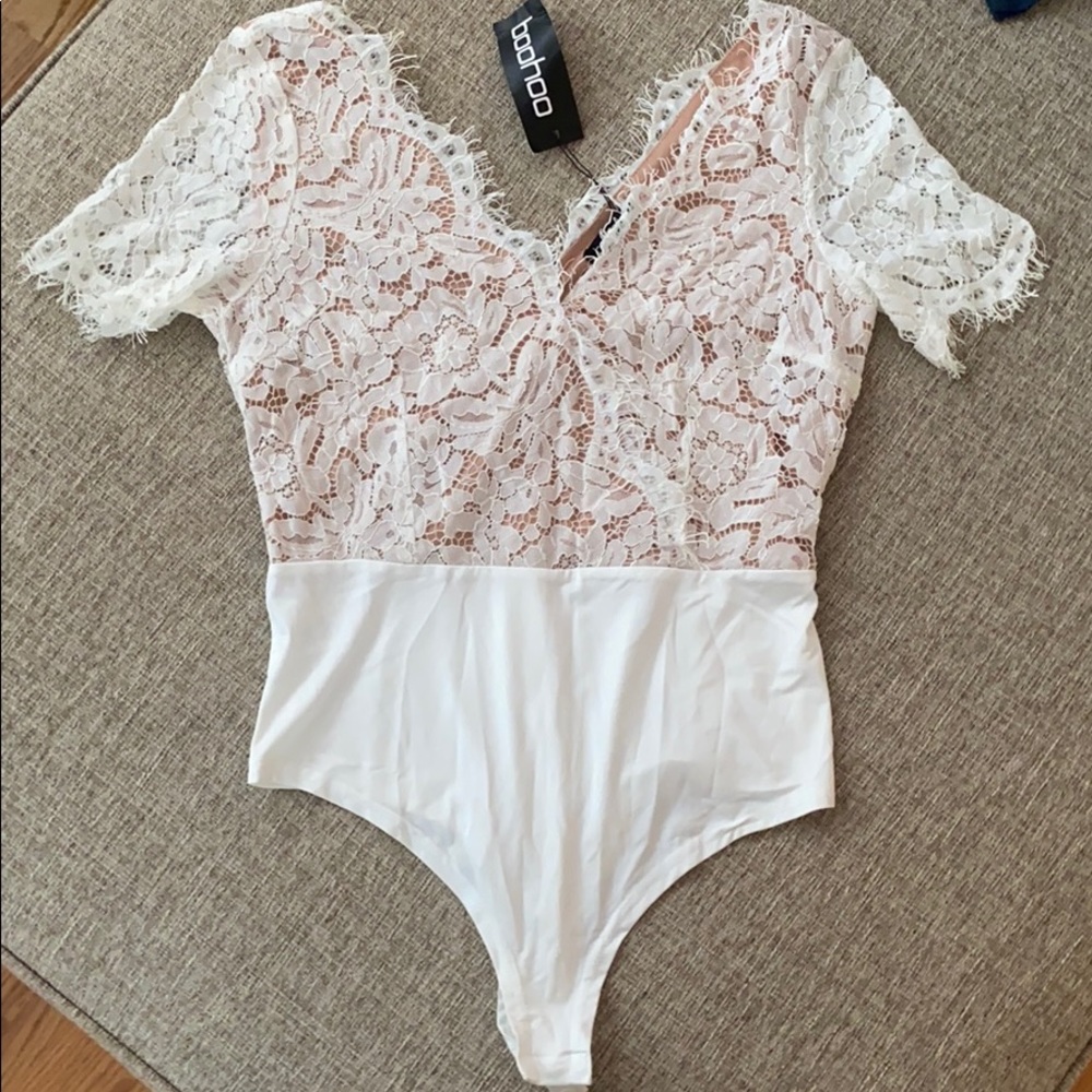 BooHoo white lace bodysuit